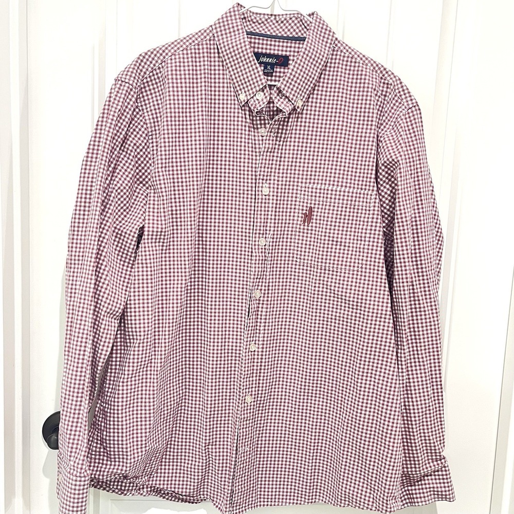Johnnie-O Shirt Mens XL Maroon Gingham Check Button Down Long‎ Sleeve Pocket